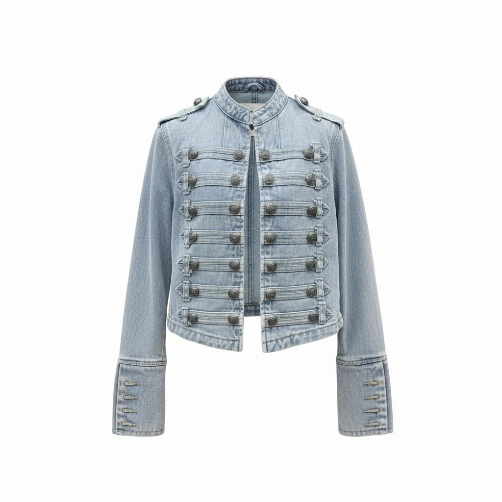 Full view of women's military denim jacket with decorative buttons and cropped silhouette