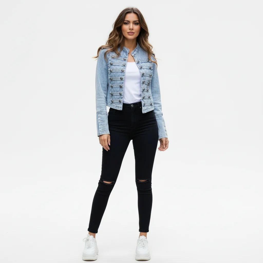 Side view of cropped military denim jacket showing structured fit and distressed cuff detail