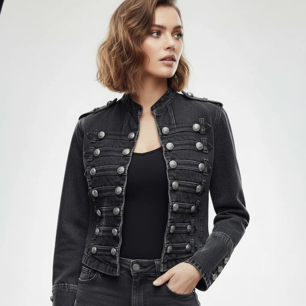 Detail of round neckline and button closure on women's military denim jacket