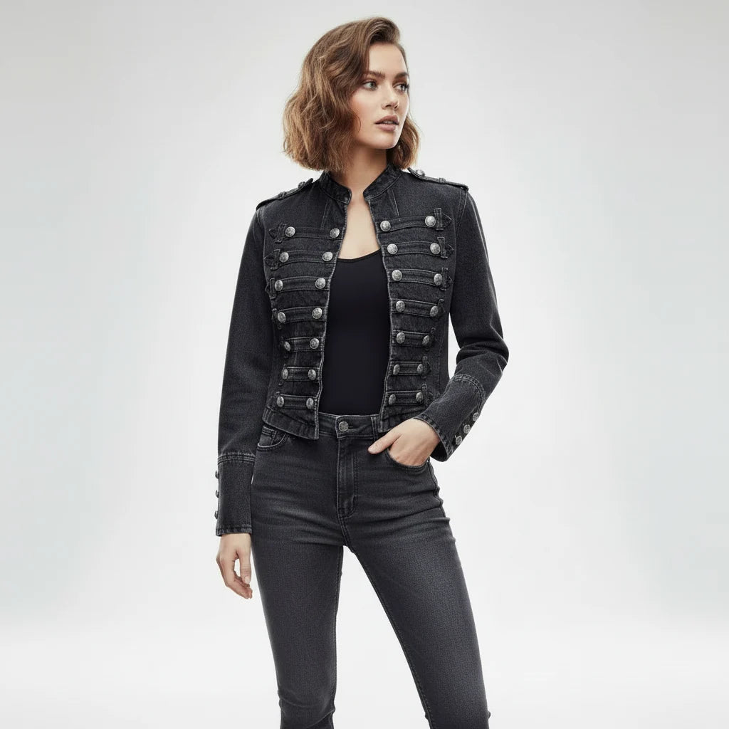 Women's military denim jacket flat lay showing cropped length and button detailing