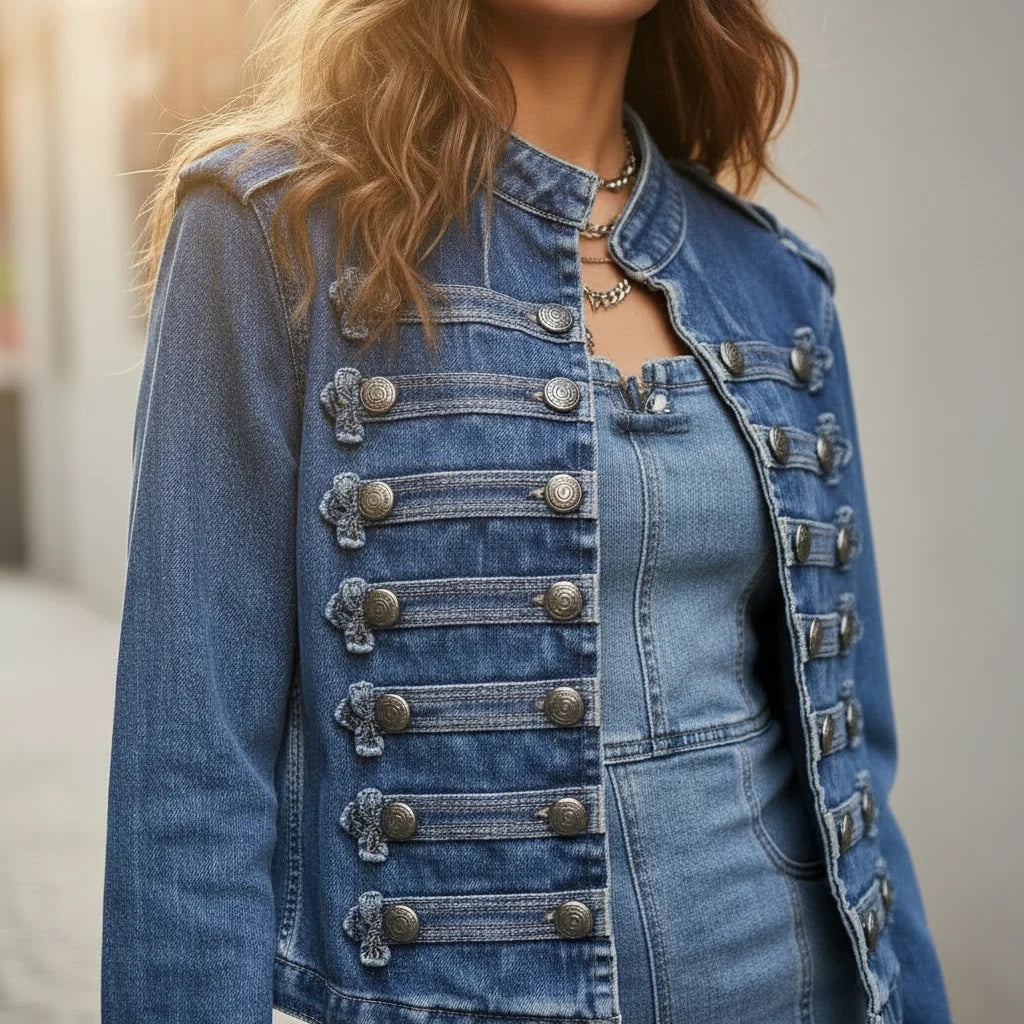 Distressed cuff detailing on women's military denim jacket sleeve
