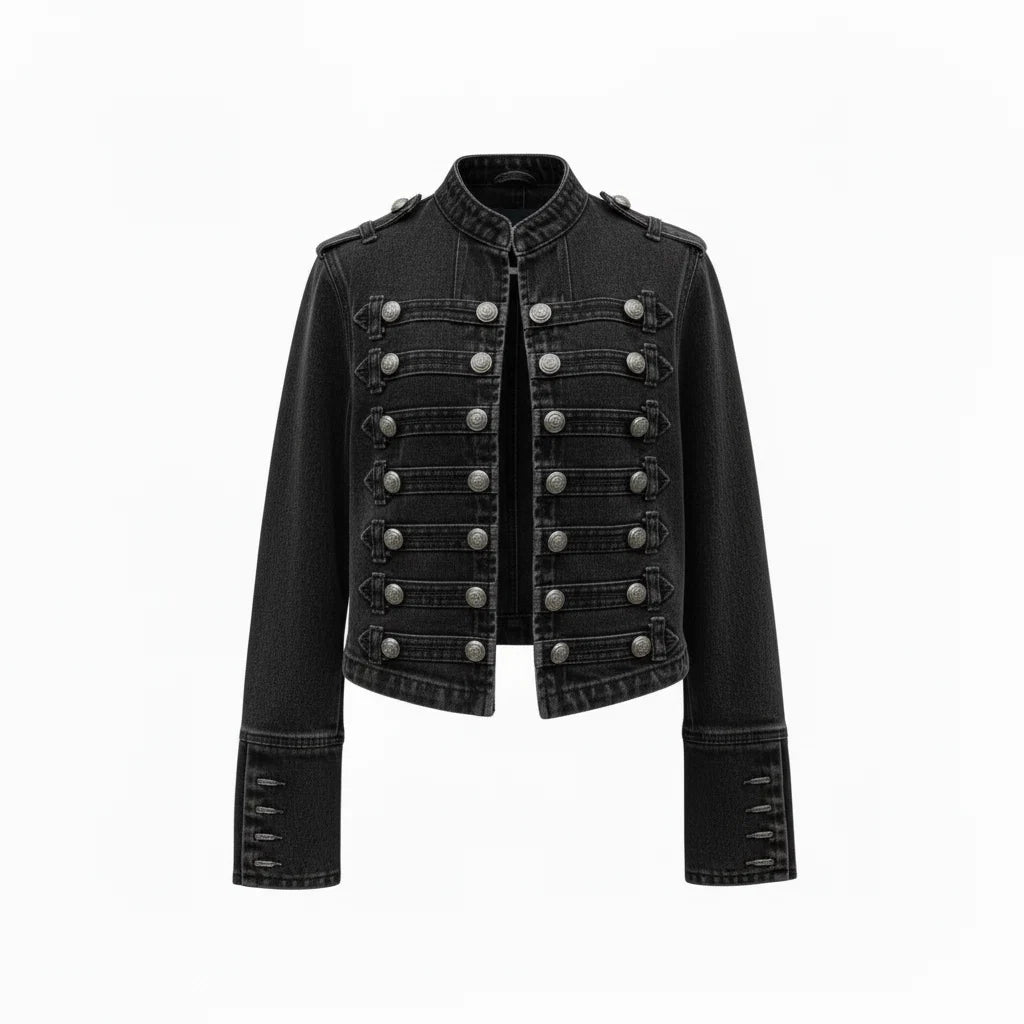 Women's military denim jacket showing structured denim fabric and collarless neckline
