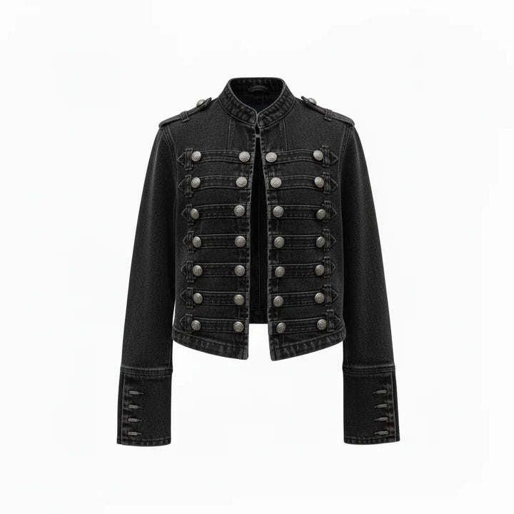 Women's military denim jacket showing structured denim fabric and collarless neckline