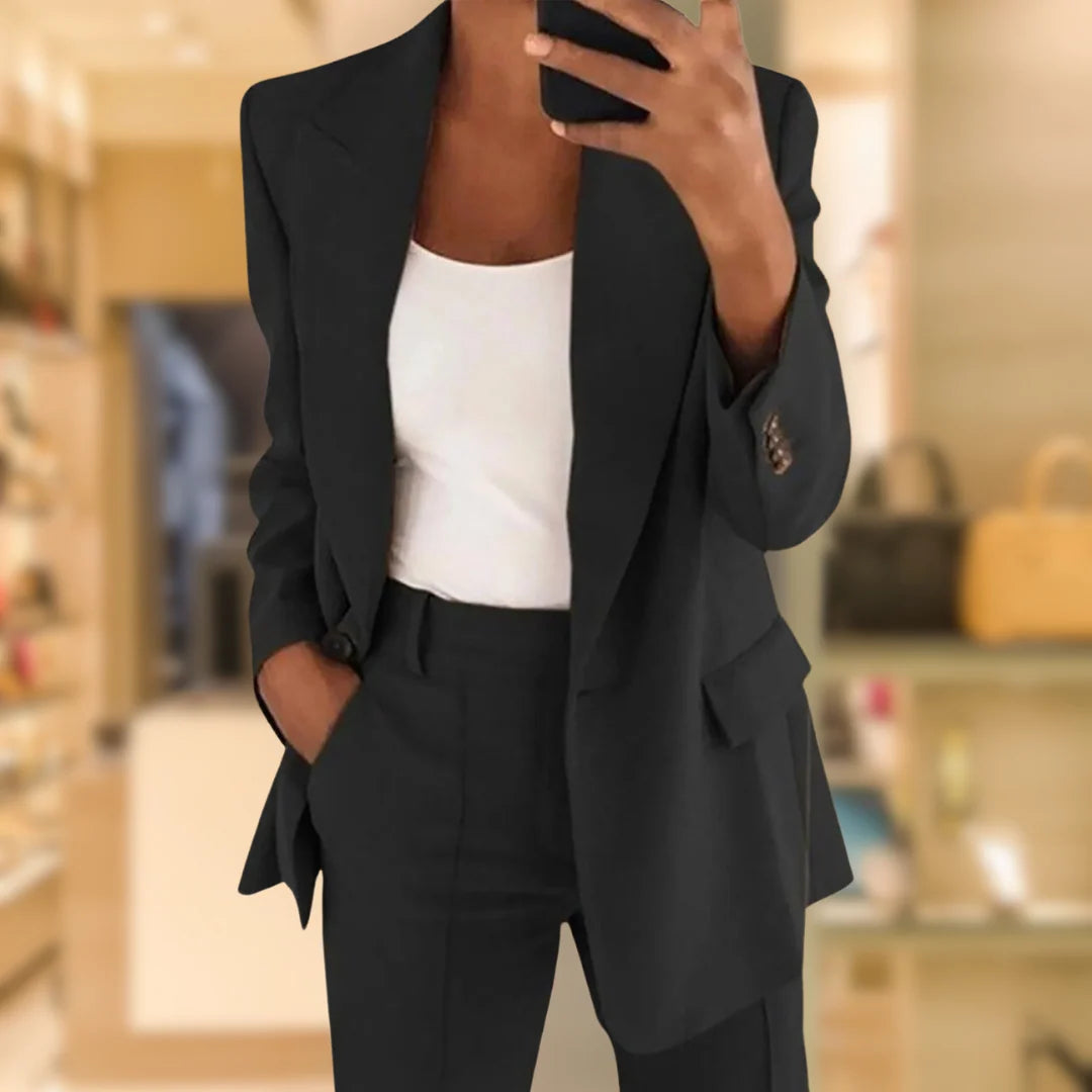 Women's tailored suit set with notched lapel blazer and matching straight-leg trousers in dark grey