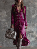 Women's velvet blazer dress in deep berry with double-breasted buttons and maxi length