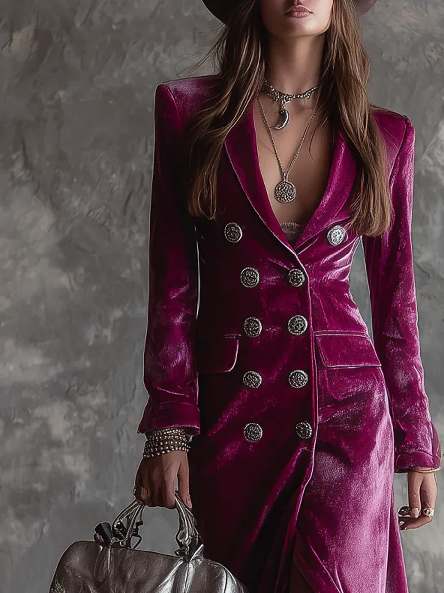 Close-up of velvet blazer dress showing structured shoulders and decorative button detail