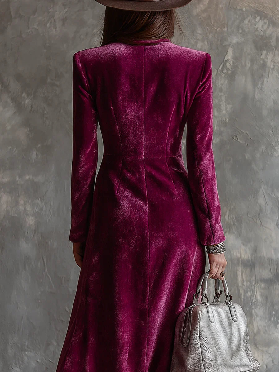 Side view of flowing maxi blazer dress with tailored bodice and side slit