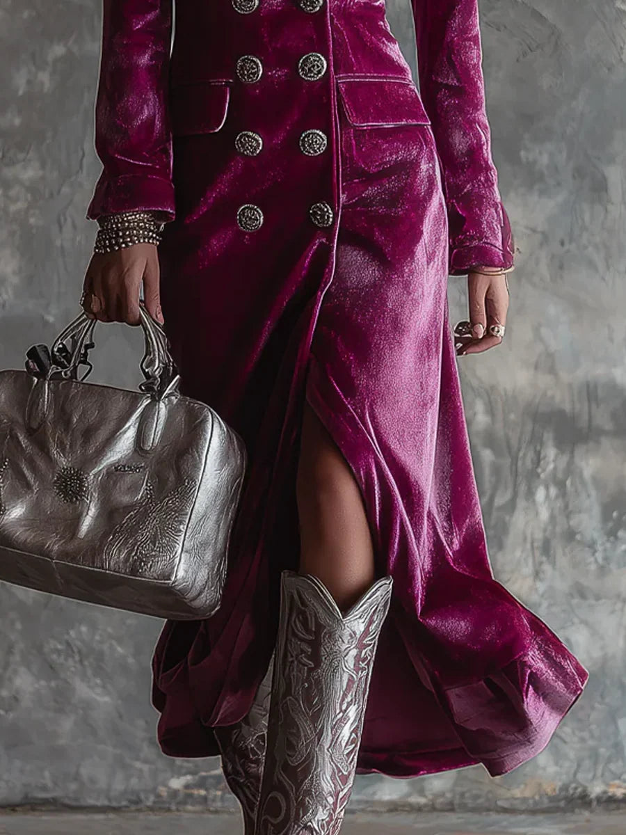 Full-length velvet blazer dress styled with boots and statement accessories for evening wear