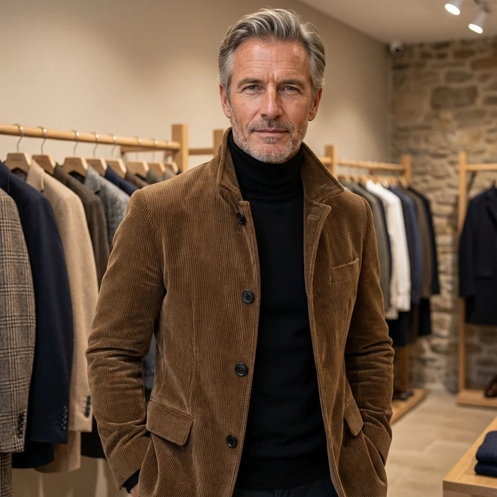 Side profile of men's tailored corduroy jacket with stand collar and structured shoulders