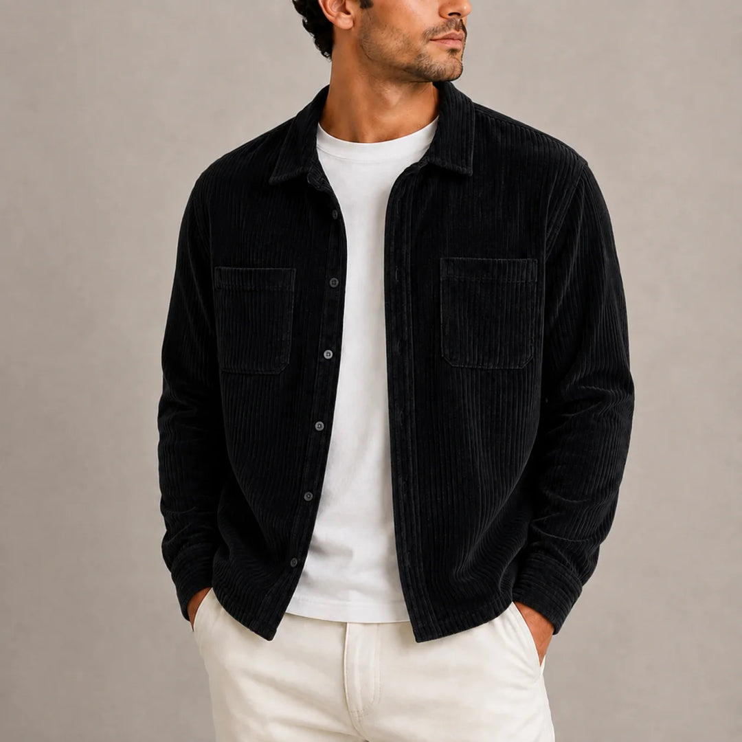 Close-up view of men's corduroy overshirt showing ribbed texture and structured collar detail