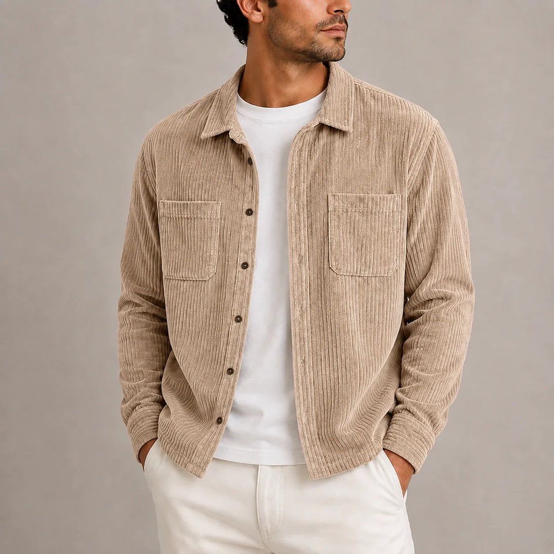 Side angle of men's corduroy overshirt highlighting relaxed fit and long sleeve design