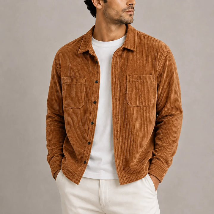 Men's corduroy overshirt buttoned up showing classic silhouette and chest pocket placement