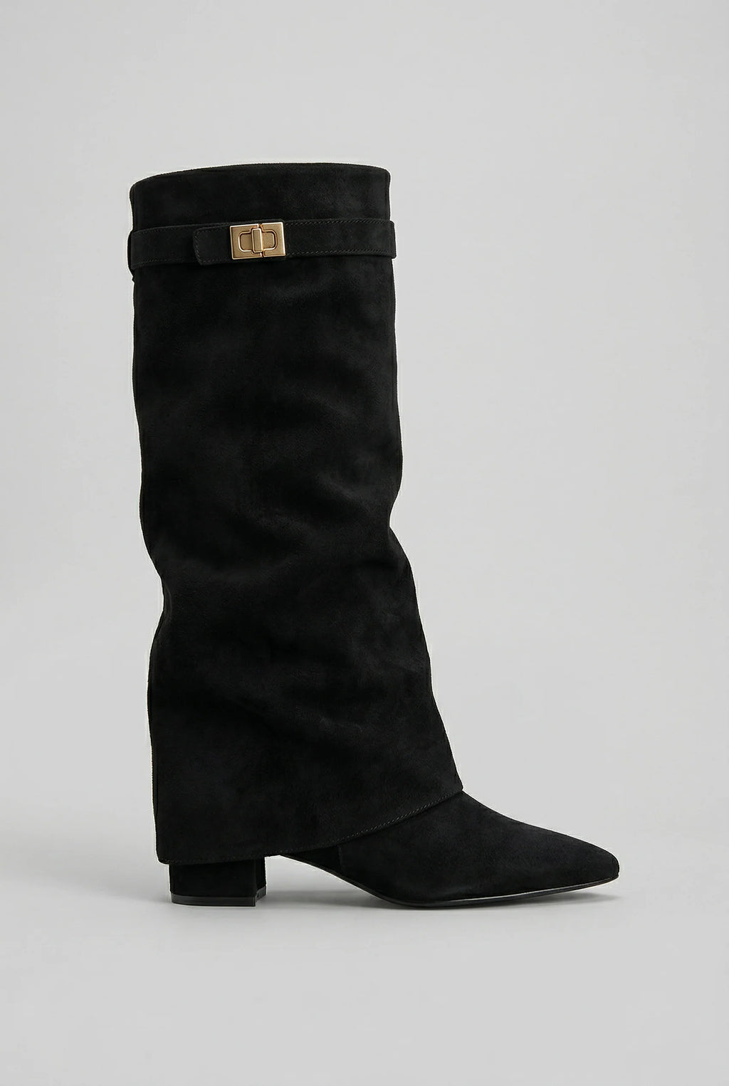 Men's knee high boots in black suede-effect fabric with gold-tone buckle and block heel