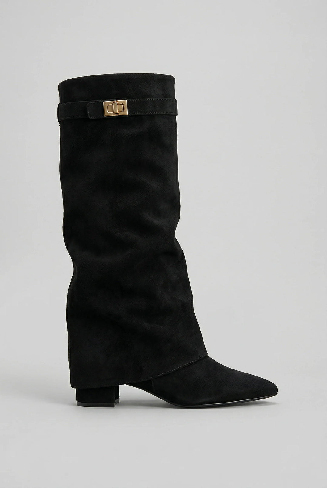 Men's knee high boots in black suede-effect fabric with gold-tone buckle and block heel