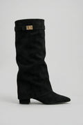 Men's knee high boots in black suede-effect fabric with gold-tone buckle and block heel