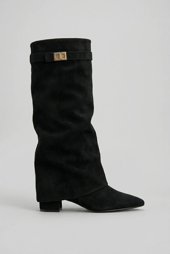 Men's knee high boots in black suede-effect fabric with gold-tone buckle and block heel