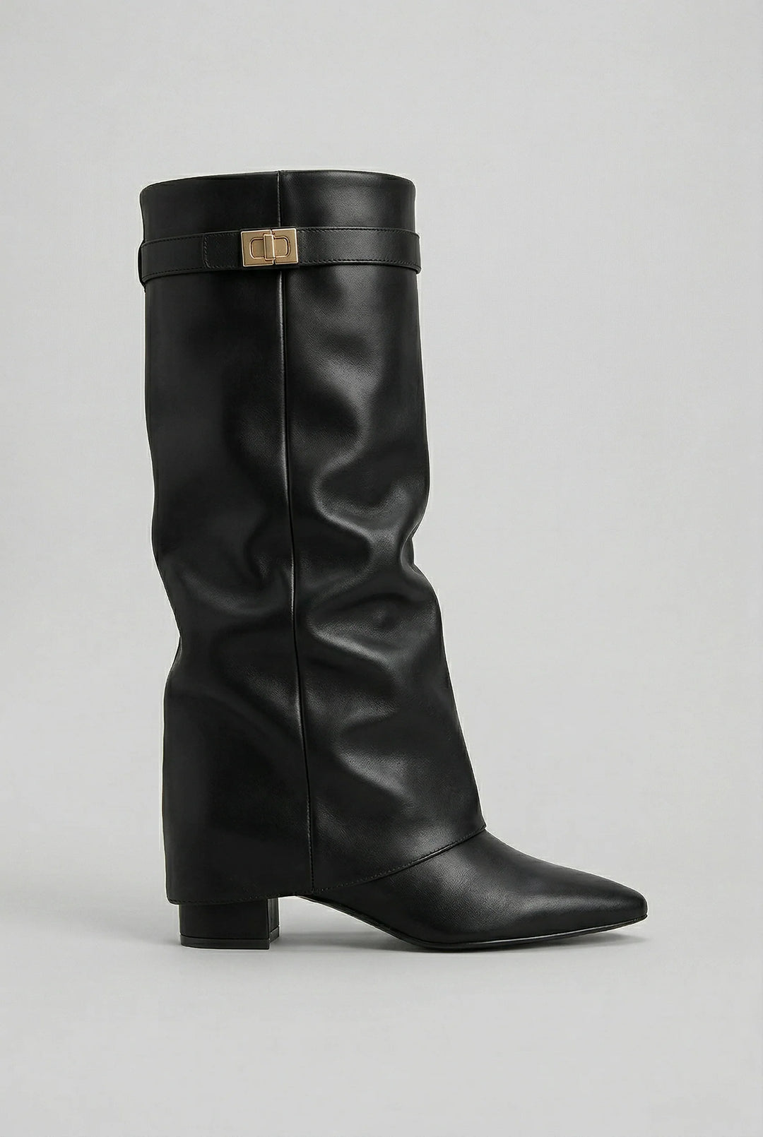 Detail of gold-tone turn-lock buckle hardware on men's knee high boot shaft