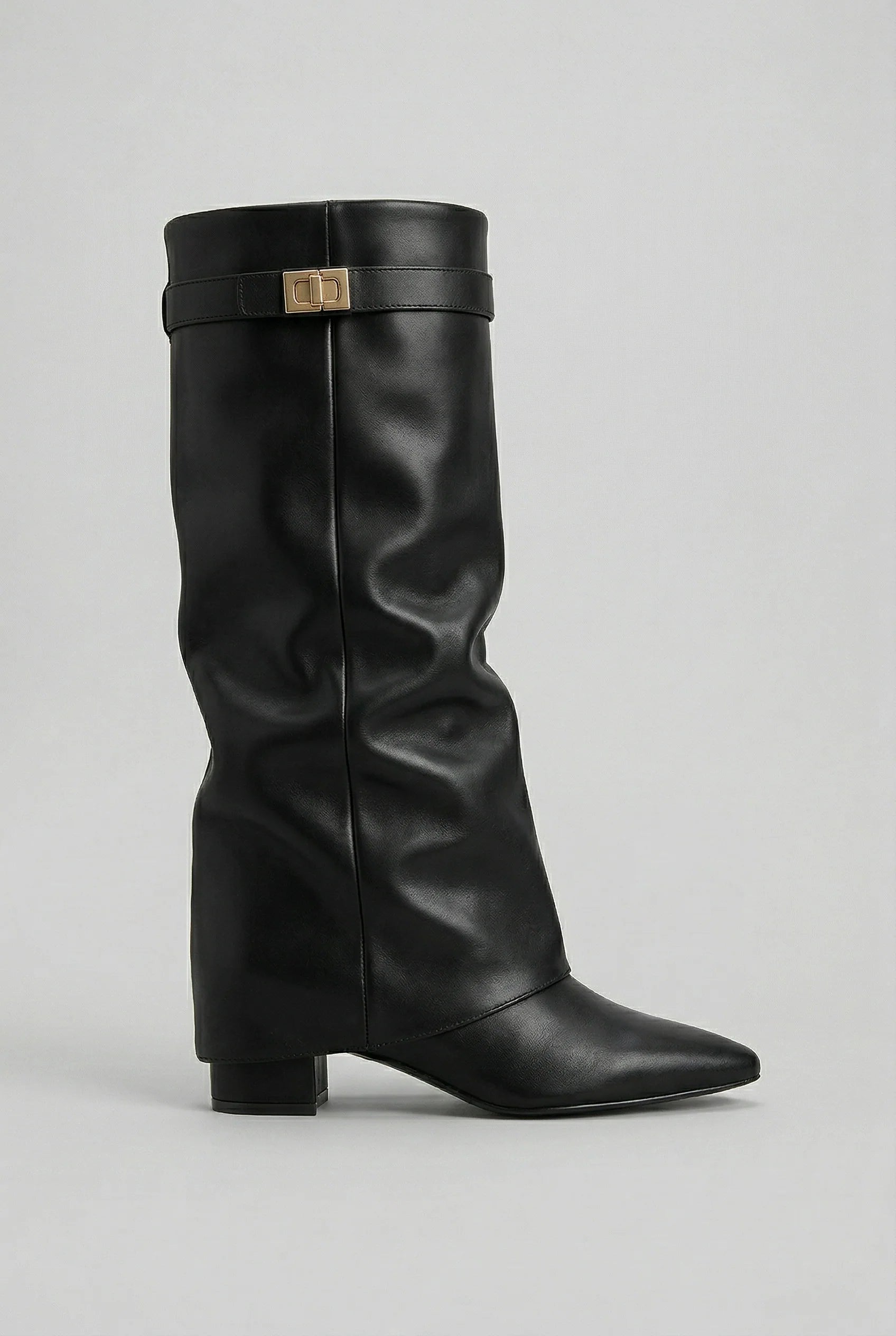 Detail of gold-tone turn-lock buckle hardware on men's knee high boot shaft