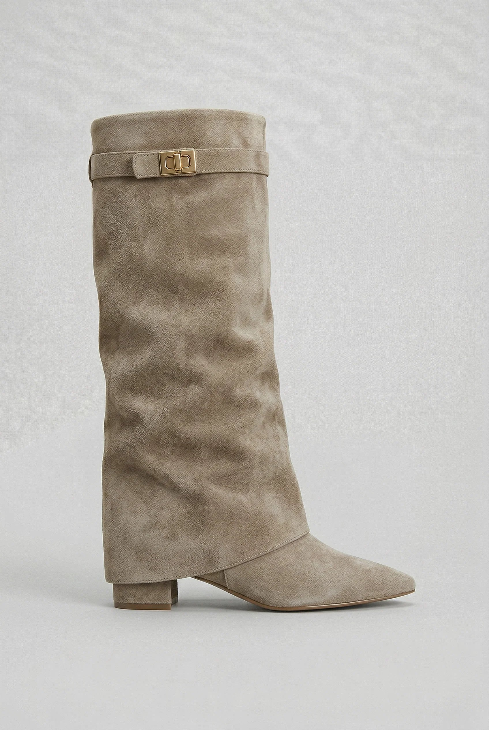 Men's knee high boots with pointed toe and block heel in black suede-effect finish