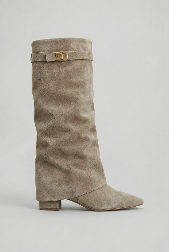 Men's knee high boots with pointed toe and block heel in black suede-effect finish