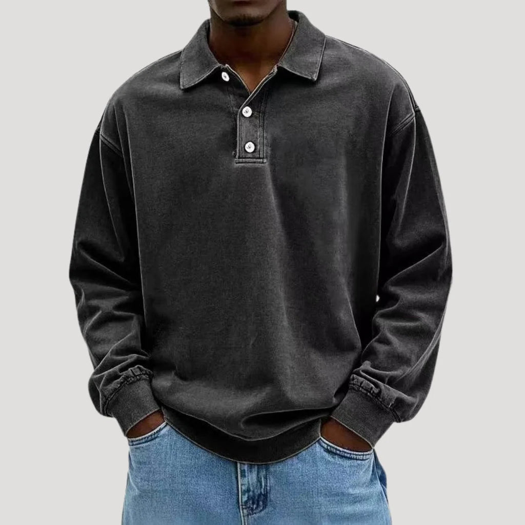 Men's long sleeve polo shirt in charcoal grey with relaxed fit and classic collar detail