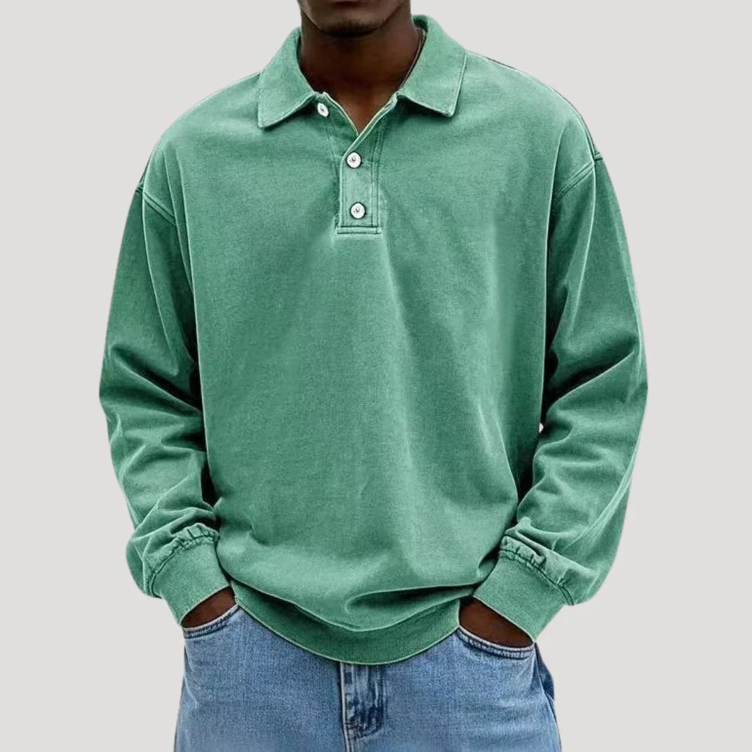 Full front view of men's long sleeve polo shirt in charcoal grey relaxed silhouette