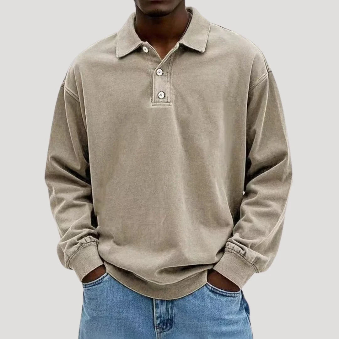 Men's polo shirt showing sleeve length and comfortable drape through the body