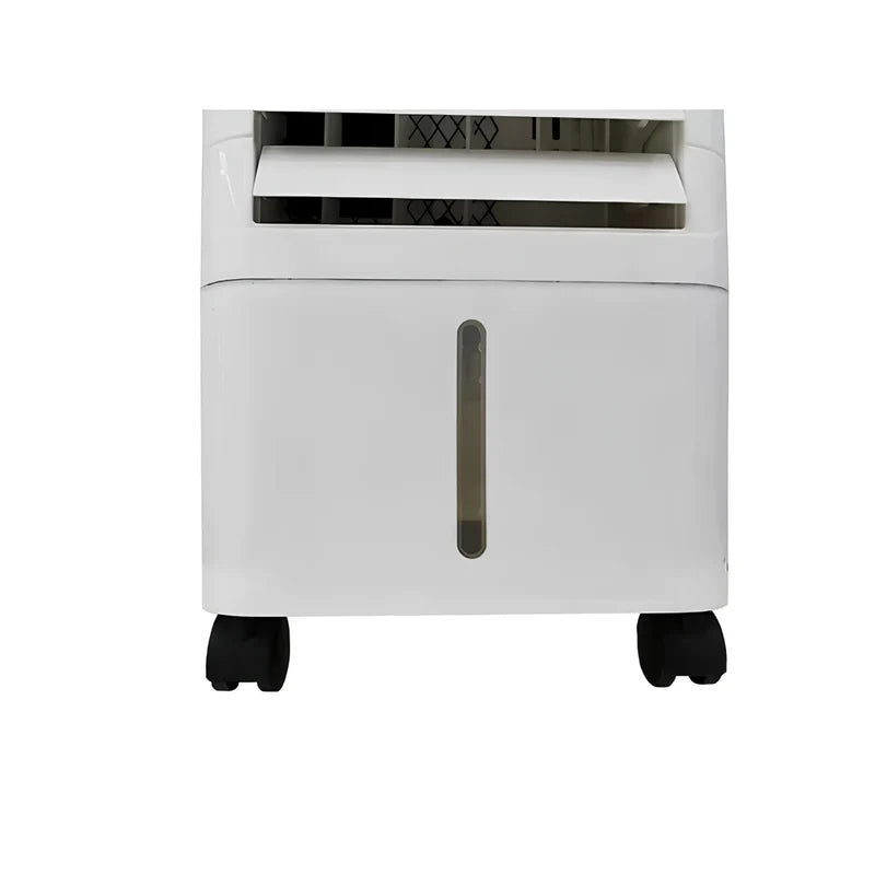 White evaporative air cooler with top control panel and mobile castors for home use