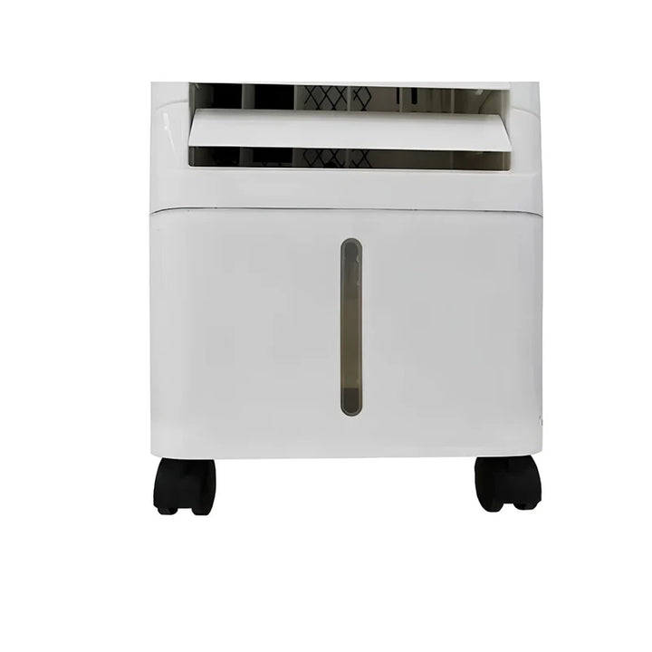 White evaporative air cooler with top control panel and mobile castors for home use