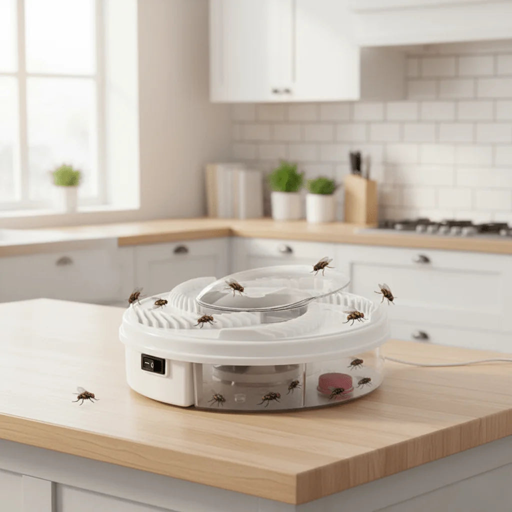 USB fly trap on kitchen worktop with transparent chamber capturing multiple flies in modern home