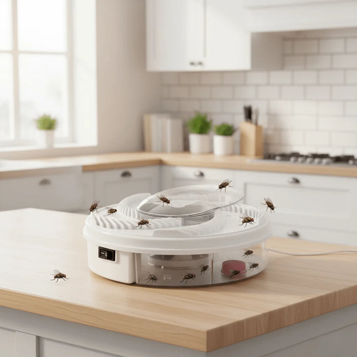 USB fly trap on kitchen worktop with transparent chamber capturing multiple flies in modern home