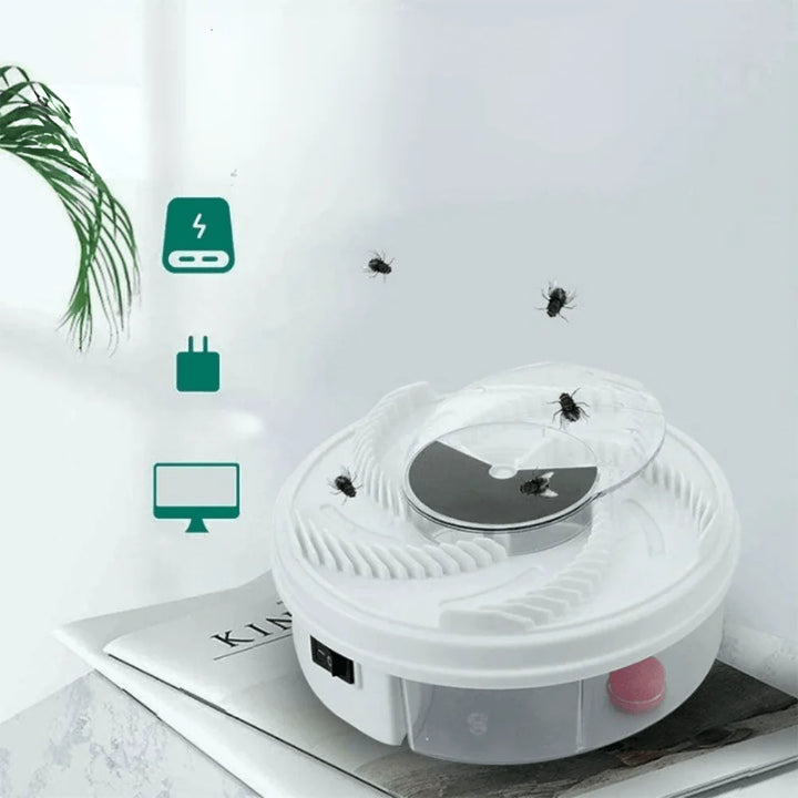 Transparent fly trap chamber showing captured insects and removable tray mechanism