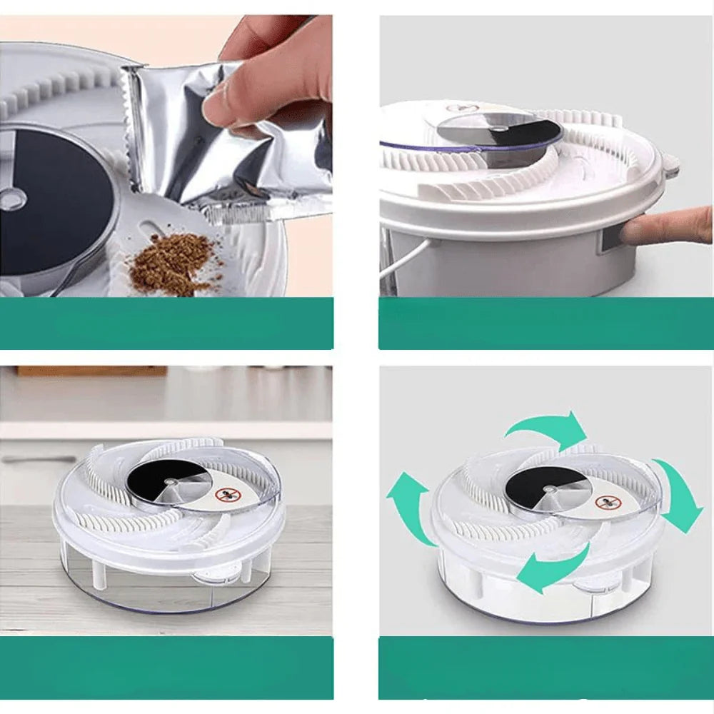 White circular insect catcher with ridged design on wooden surface in bright kitchen