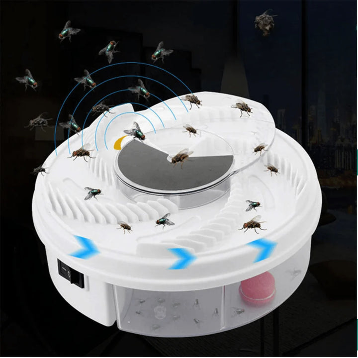 USB-powered fly trap in living room setting demonstrating quiet chemical-free operation