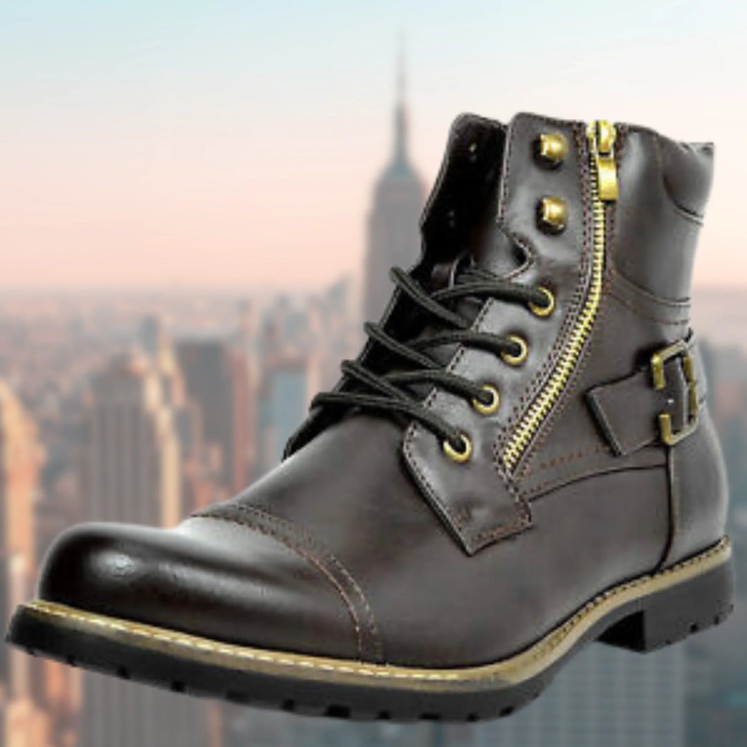 Men's combat boots with cap toe design, side zip closure, and adjustable buckle strap around the ankle