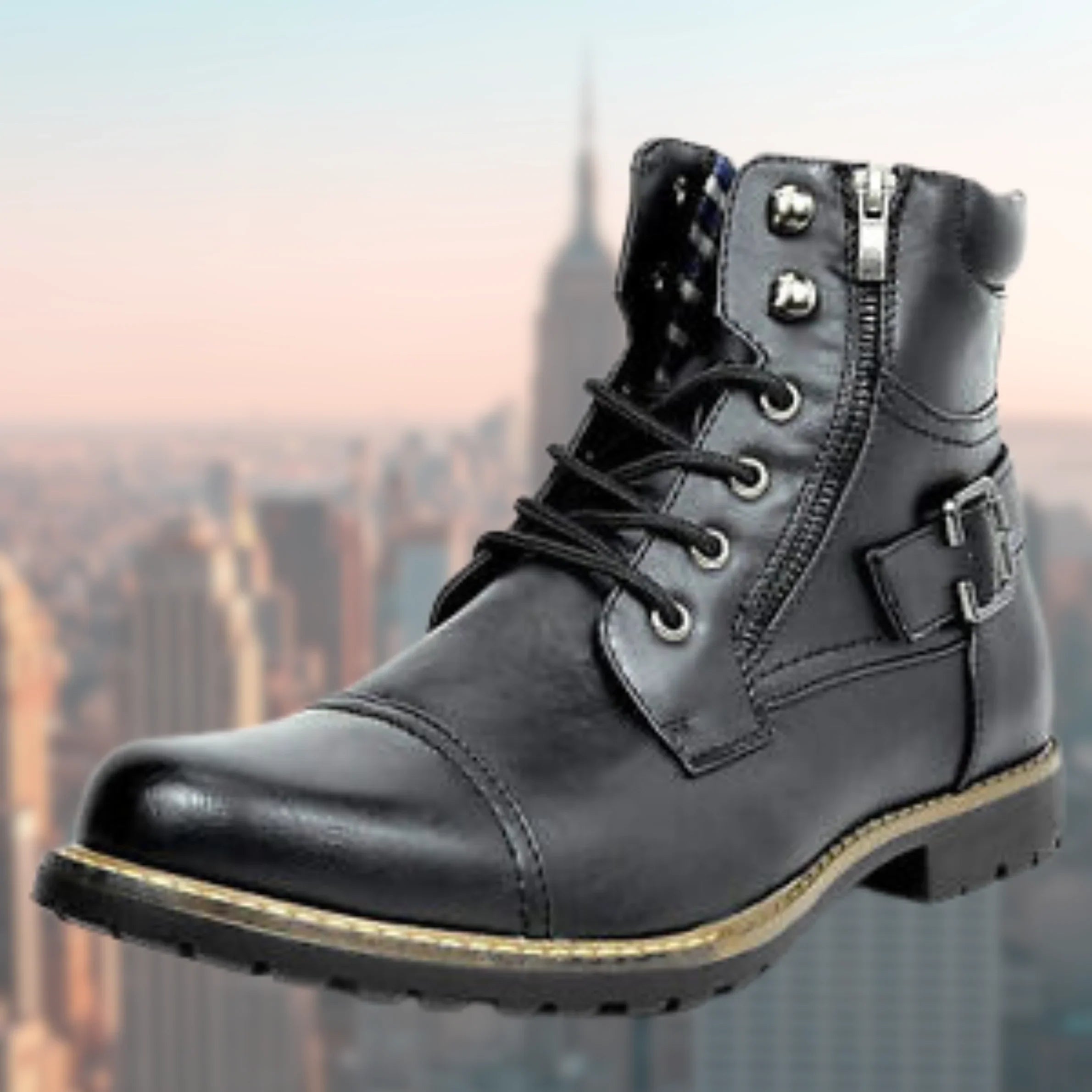 Close-up view of men's combat boots showing lace-up front with metal eyelets and decorative stitching detail