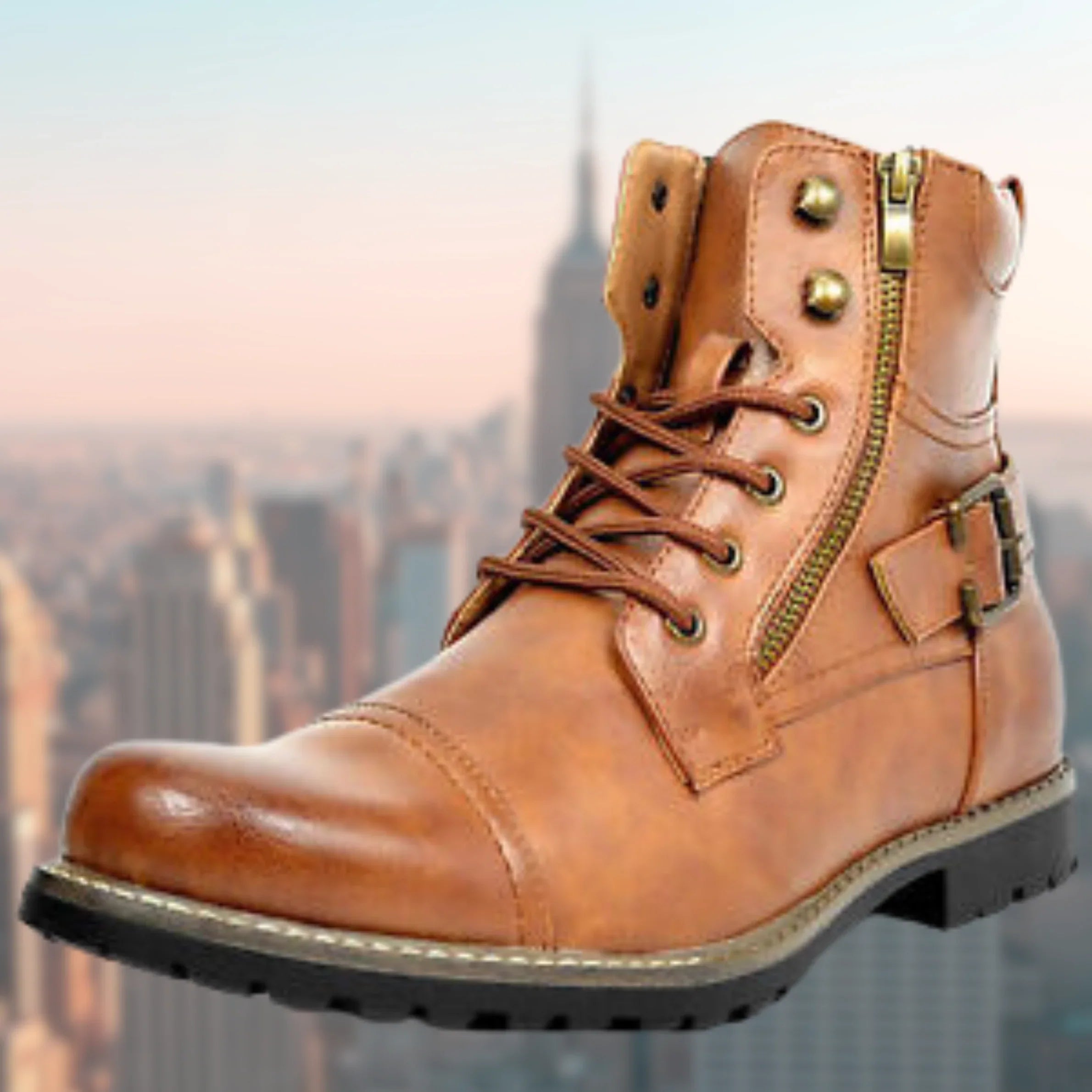 Side profile of men's combat boots highlighting full-length zip fastening and padded collar construction