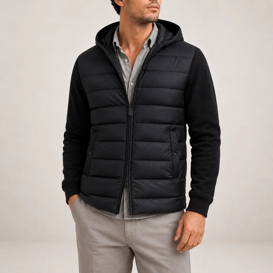 Men's hooded puffer jacket with quilted body and knit sleeves in black, front zip closure