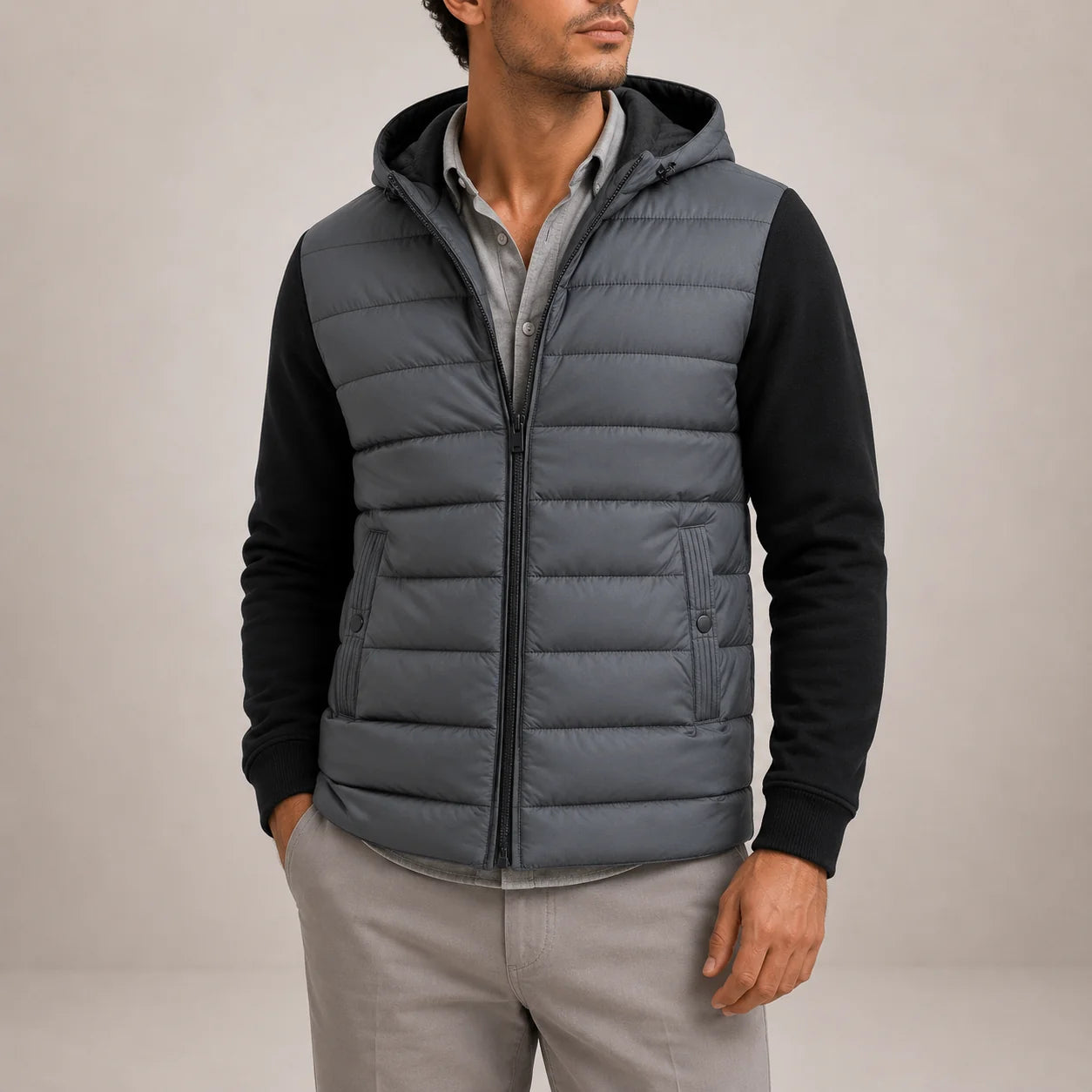 Side view of men's hooded puffer jacket with adjustable hood and zip pockets