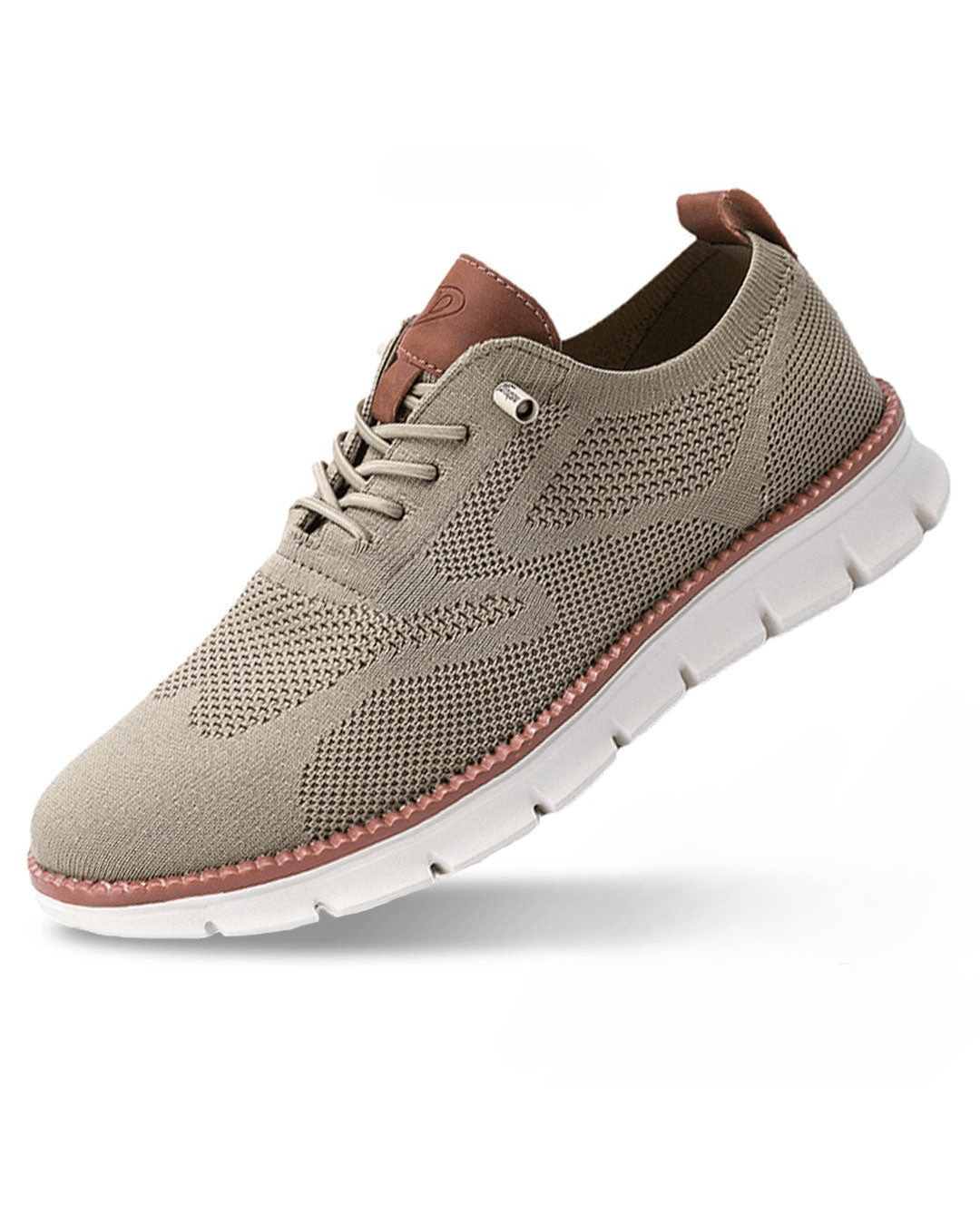 Men's knit trainers in beige with textured mesh upper, lace-up front, contrast heel tab, and cushioned sole.