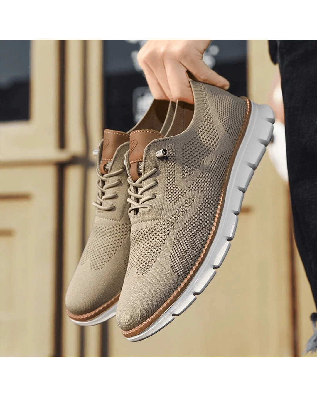 Men's knit trainers in blue colourway with breathable mesh and cushioned base.