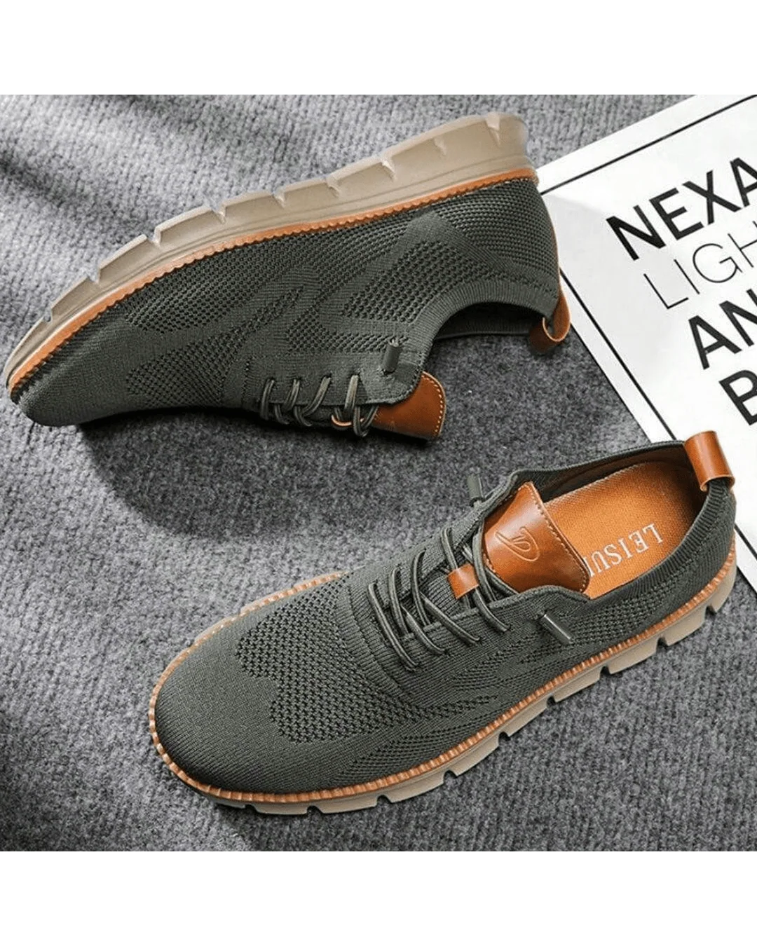Overhead view of men's knit trainers highlighting lace-up design and rounded toe shape.