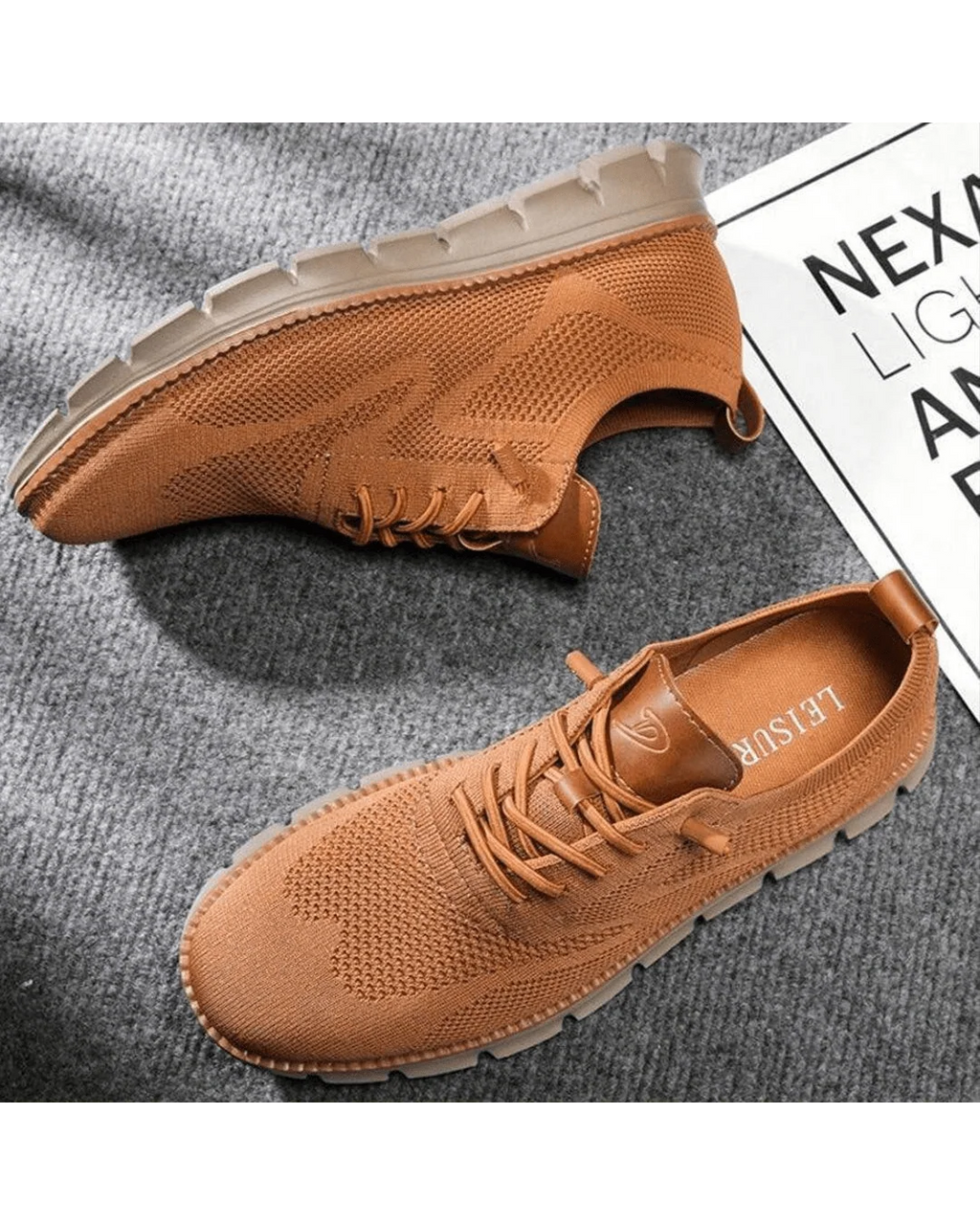 Men's knit trainers worn with casual trousers showing versatile everyday styling.