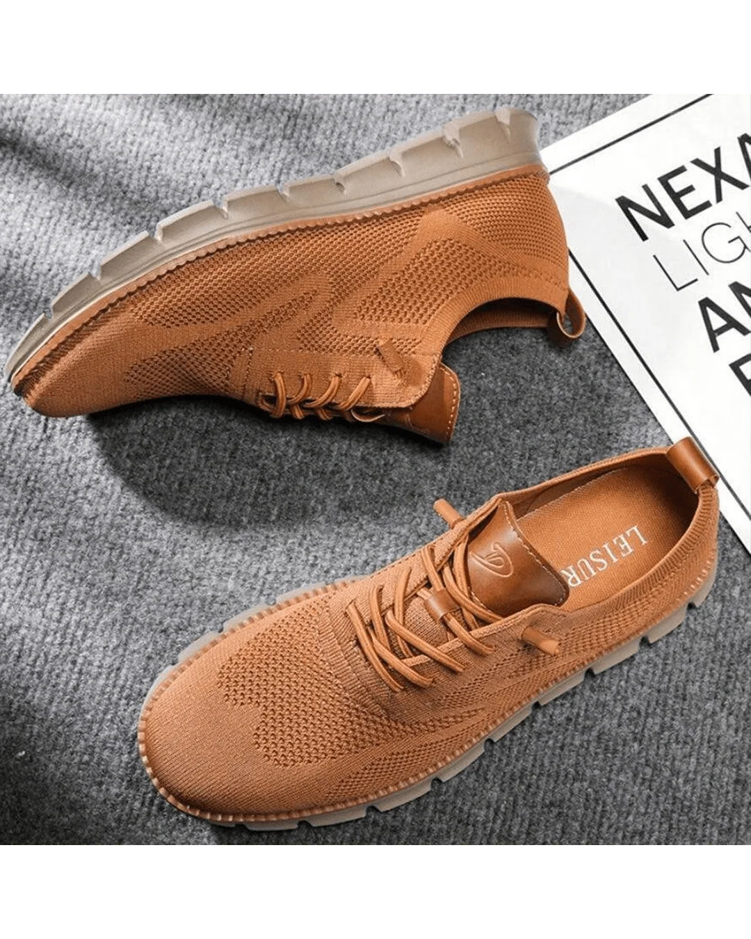 Men's knit trainers worn with casual trousers showing versatile everyday styling.