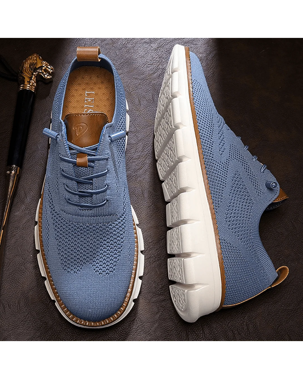 Men's knit trainers in white showing clean mesh upper and flexible outsole construction.