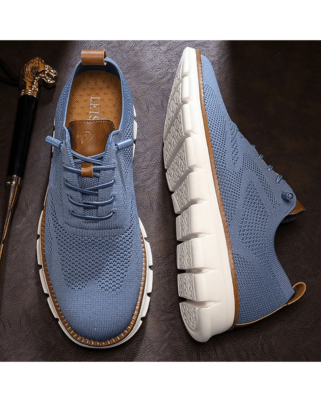 Men's knit trainers in white showing clean mesh upper and flexible outsole construction.