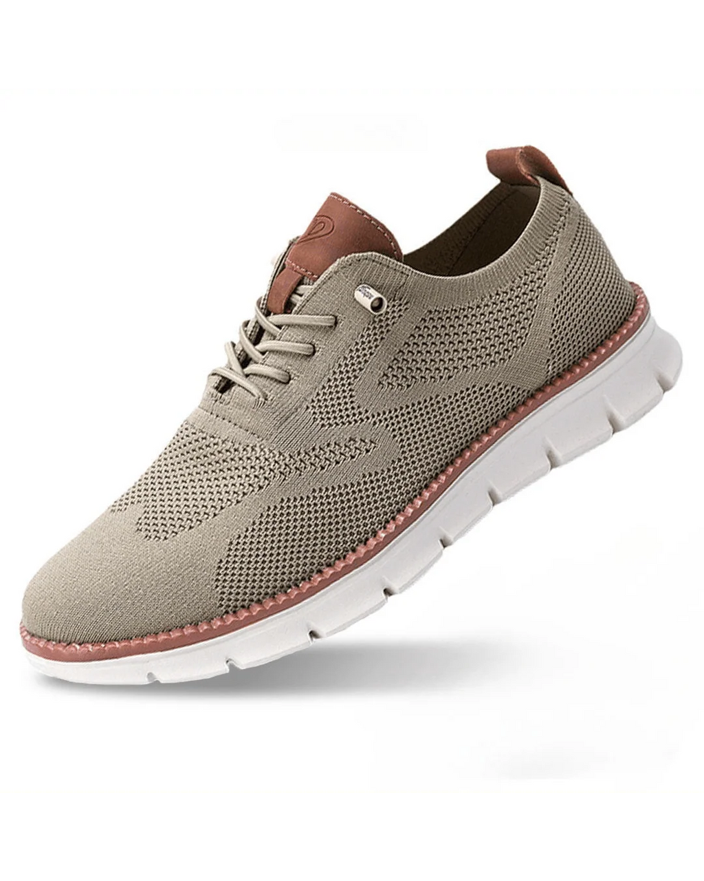 Men's knit trainers displayed at angle showing overall silhouette and design details.