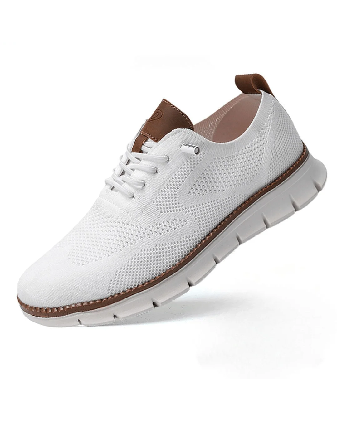 Close-up of men's knit trainers highlighting lace-up detail and contrast stitching on heel tab.