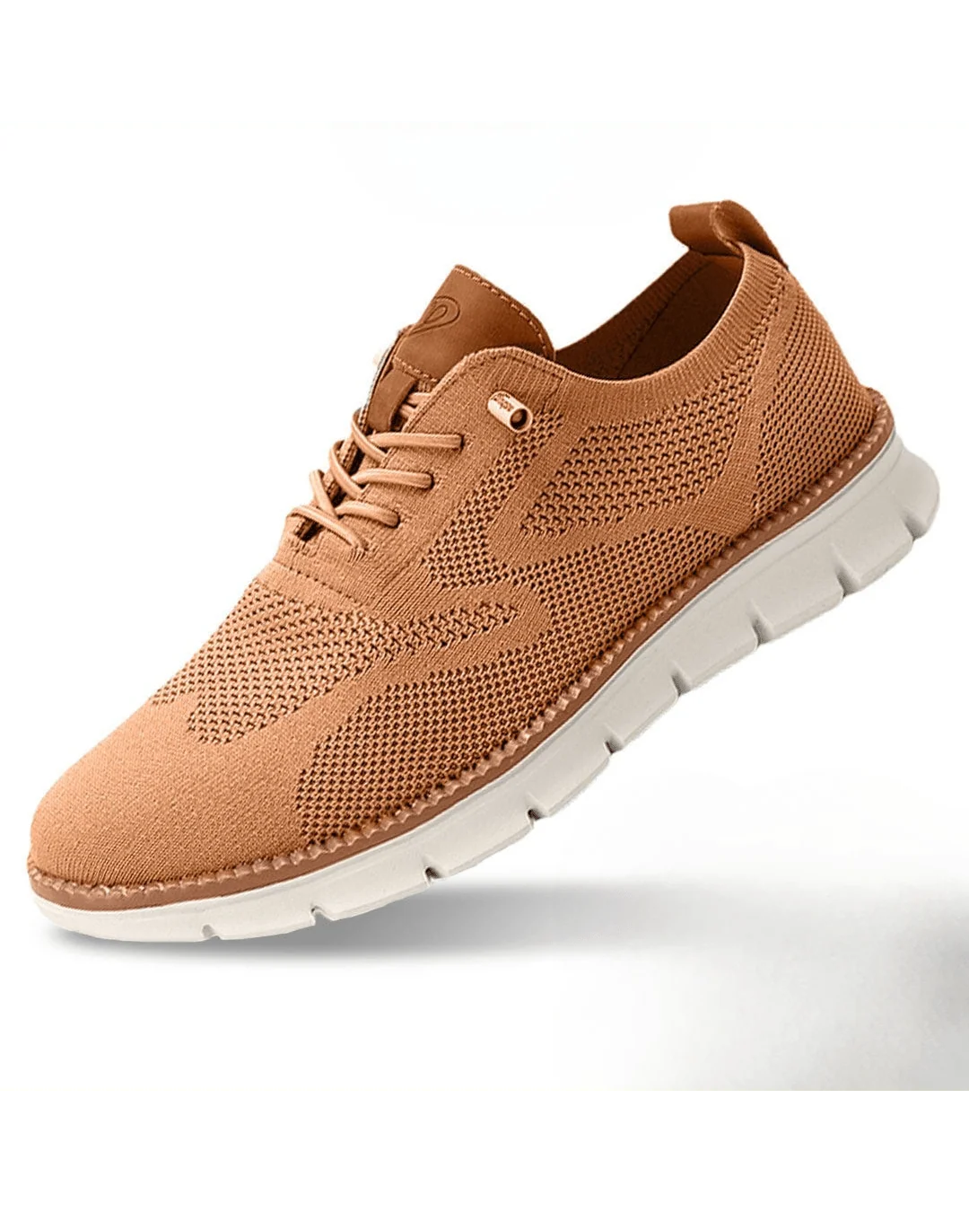 Rear view of men's knit trainers showing pull tab and contrast trim detail.
