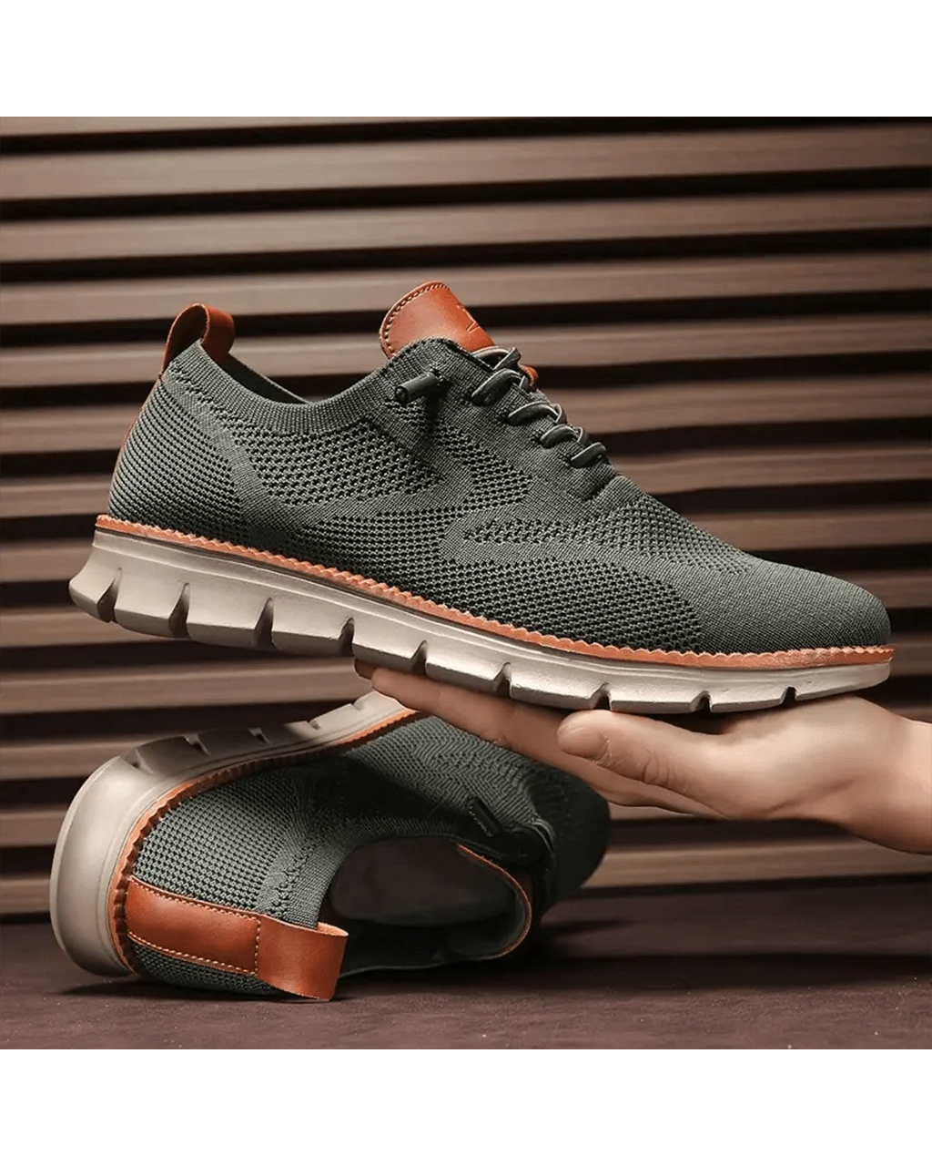 Men's knit trainers in olive green with textured upper and ridged outsole.